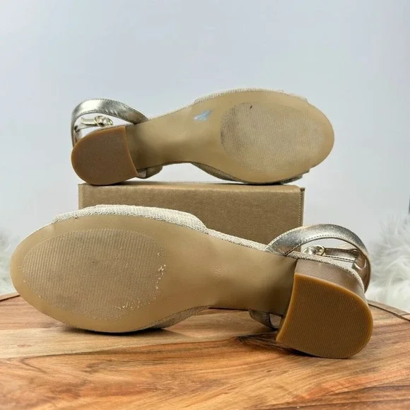 LOFT Beige Woven Bow Block Heel Ankle Strap Sz 9.5M Sandals Gold Shimmer Party - Picture 9 of 12